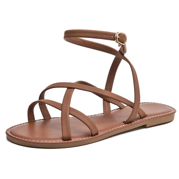 DADAWEN Women Ankle Strap Sandals Flat Thin Summer Casual Brown9 US | Walmart (US)