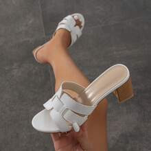 Elegant White Sandals For Women, Litchi Embossed Chunky Heeled Mule Sandals | SHEIN