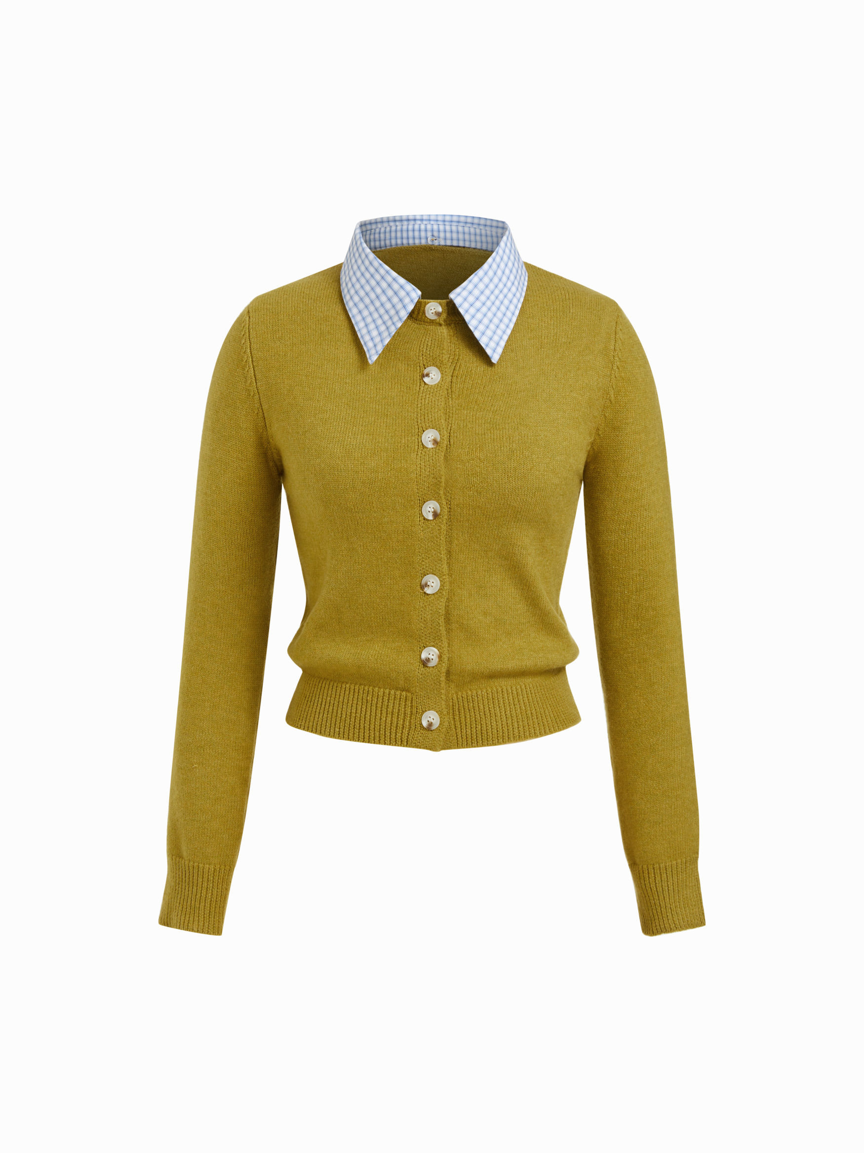 Knit Collar Gingham Colorblock Button Cardigan | Cider
