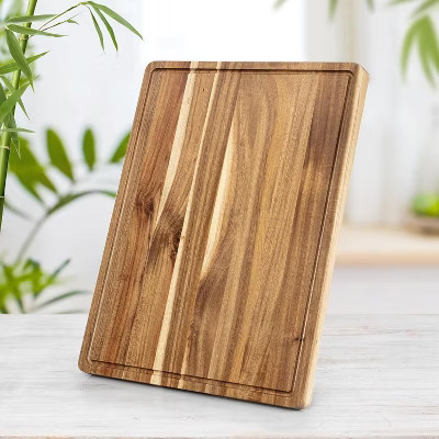 Acacia wood cutting board set (two pieces), including one 20" x 15" board and one 24x 18" board, with drainage channels and handles, reversible. | Target