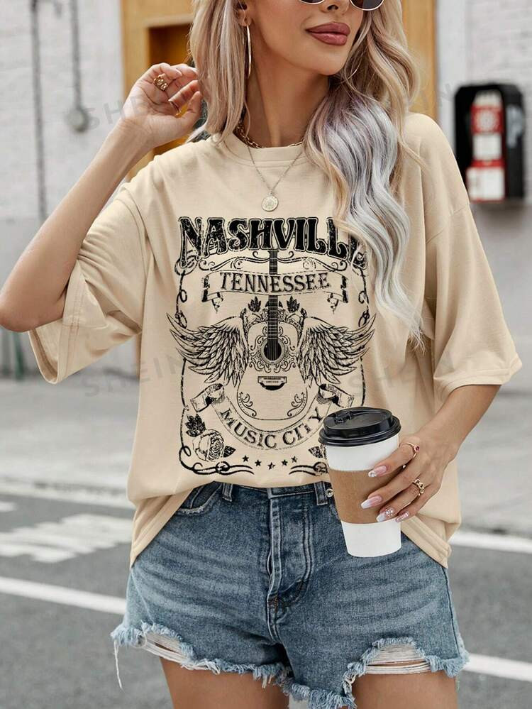 SHEIN LUNE Women's Wing & Letter Print Drop Shoulder T-shirt | SHEIN USA | SHEIN