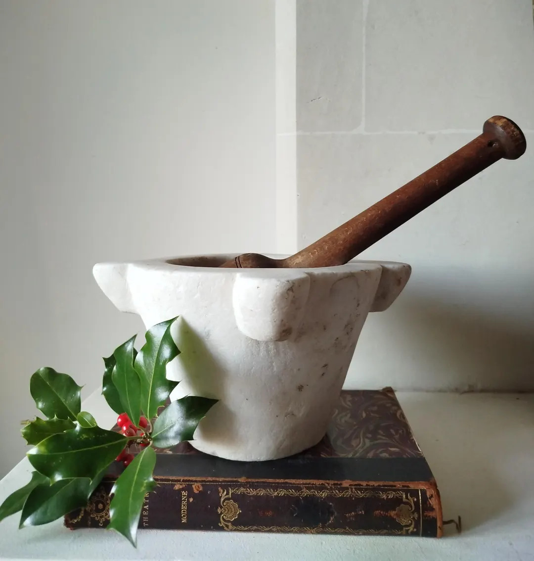 French Antique Large Marble Mortar & Wooden Pestle, Rustic Kitchen Decor - Etsy | Etsy (US)