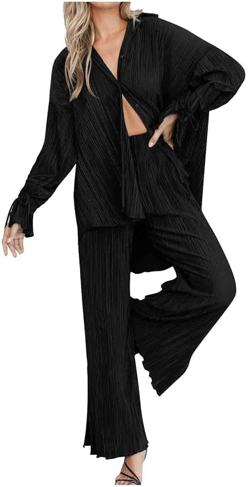 Womens Two Piece Outfits Solid Color Long Sleeve Button Down Shirt and Long Pants Fit Casual Trou... | Amazon (US)