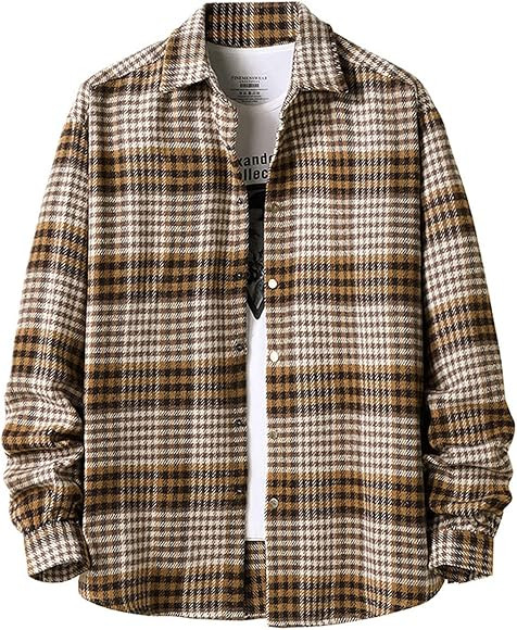 Locachy Men's Casual Cotton Plaid Shirts Long Sleeve Button-Down Flannel Overshirt Jacket | Amazon (US)