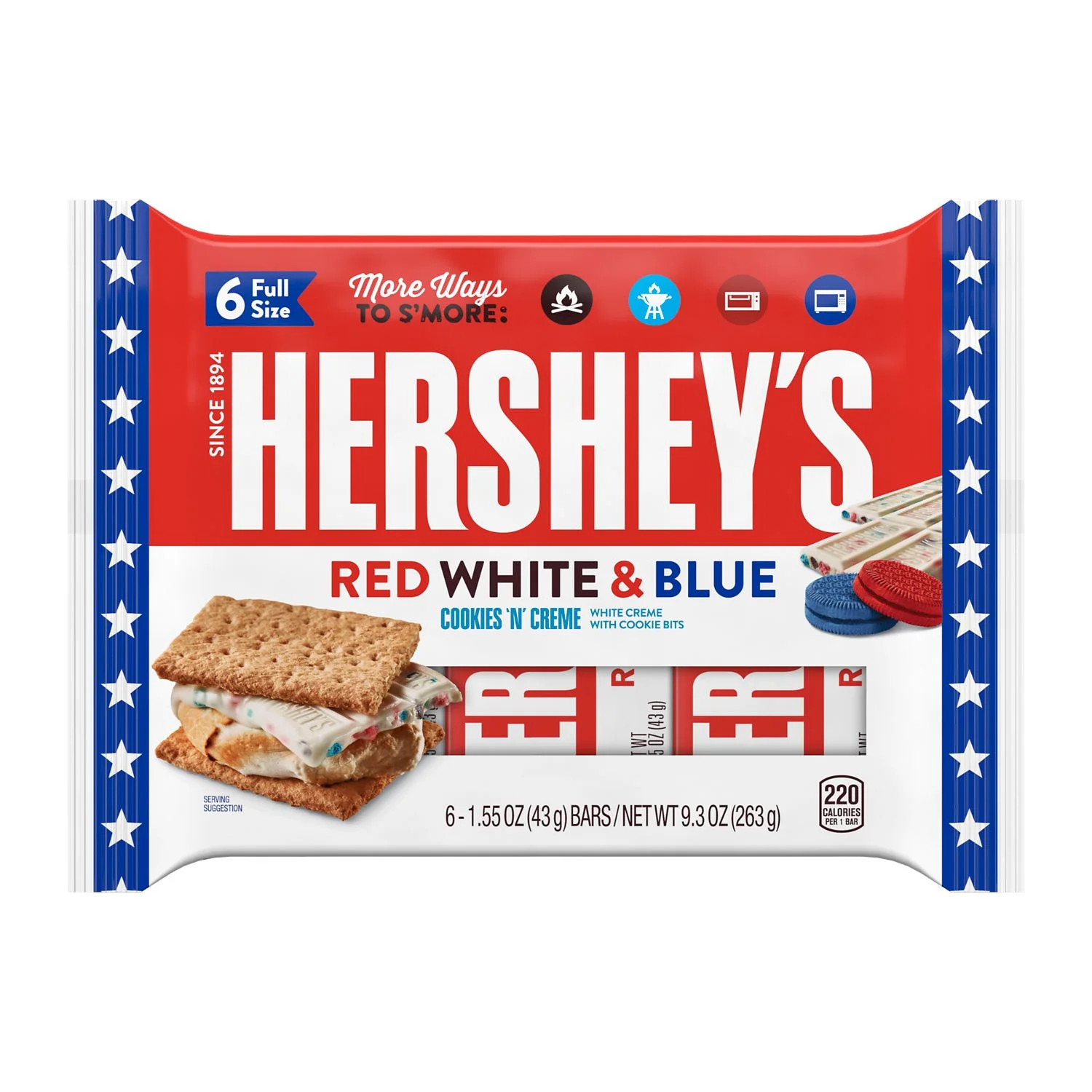 Hershey's Red White & Blue Cookies 'n' Creme Candy, 1.55 oz, Bars (6 Ct) | Walmart (US)