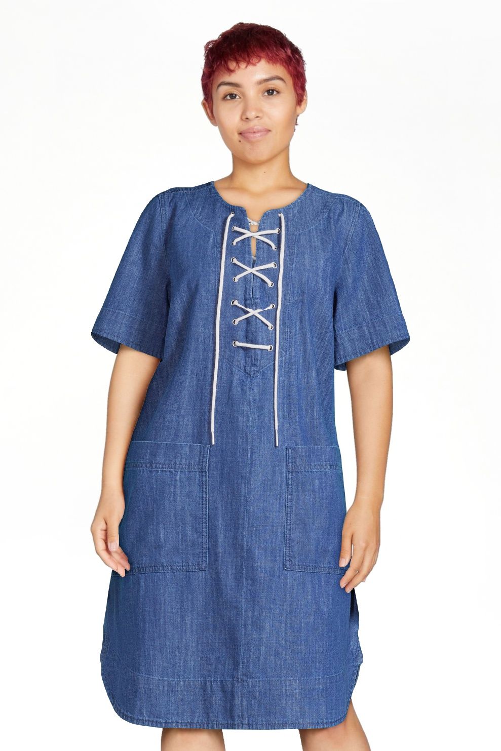 Free Assembly Women's Lace Up Mini Shift Dress with Short Sleeves, Sizes XS-XXXL | Walmart (US)