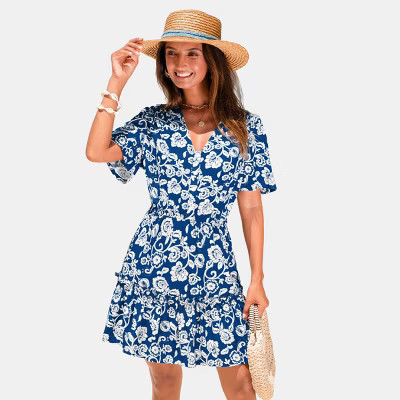 Women's Floral Print Button-Down Beach Dress - Cupshe-L-Blue | Target