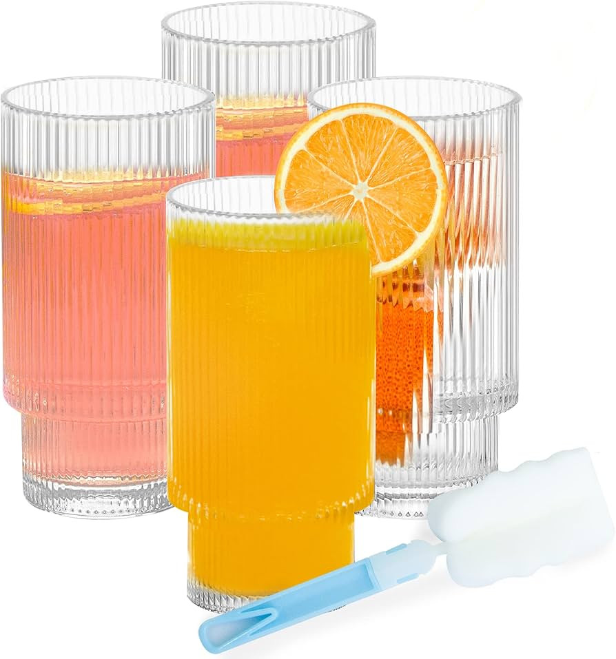 VKDONE Ribbed Drinking Glasses, Ribbed Glass Cups Set of 4, 12 oz Origami Vintage Glass Cups for ... | Amazon (US)