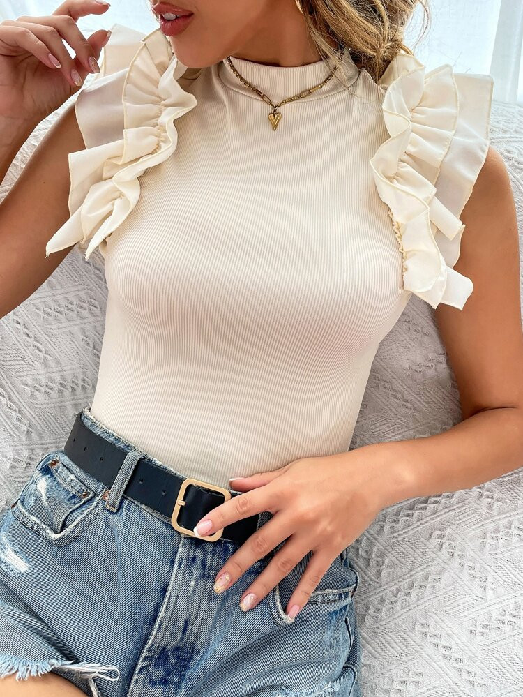 Mock Neck Ruffle Trim Tee | SHEIN