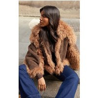 Brown Faux Fur Contrast Teddy Aviator Jacket | PrettyLittleThing UK