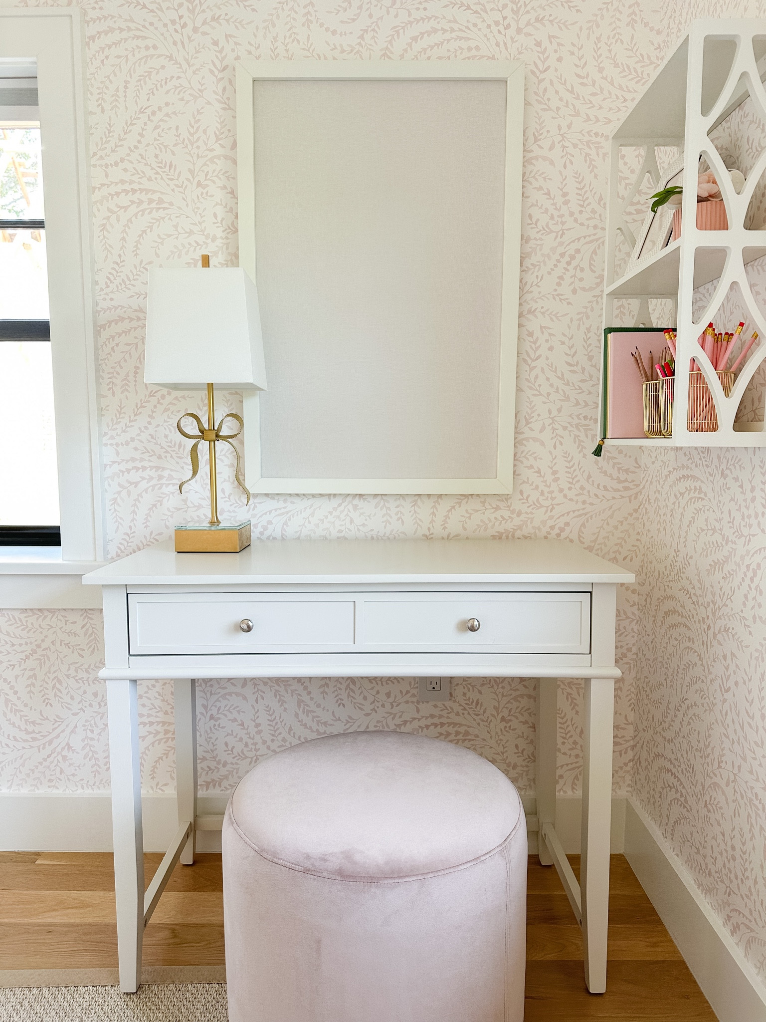 On sale! Pink wallpaper, white linen lin board. Girls room, small desk, homework area, kids room 

#LTKfamily #LTKsalealert #LTKhome