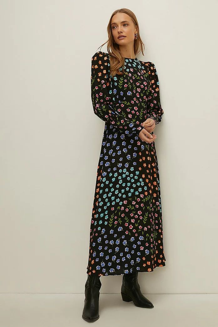 Patchwork Floral Puff Sleeve Midi Dress | Oasis UK & IE 
