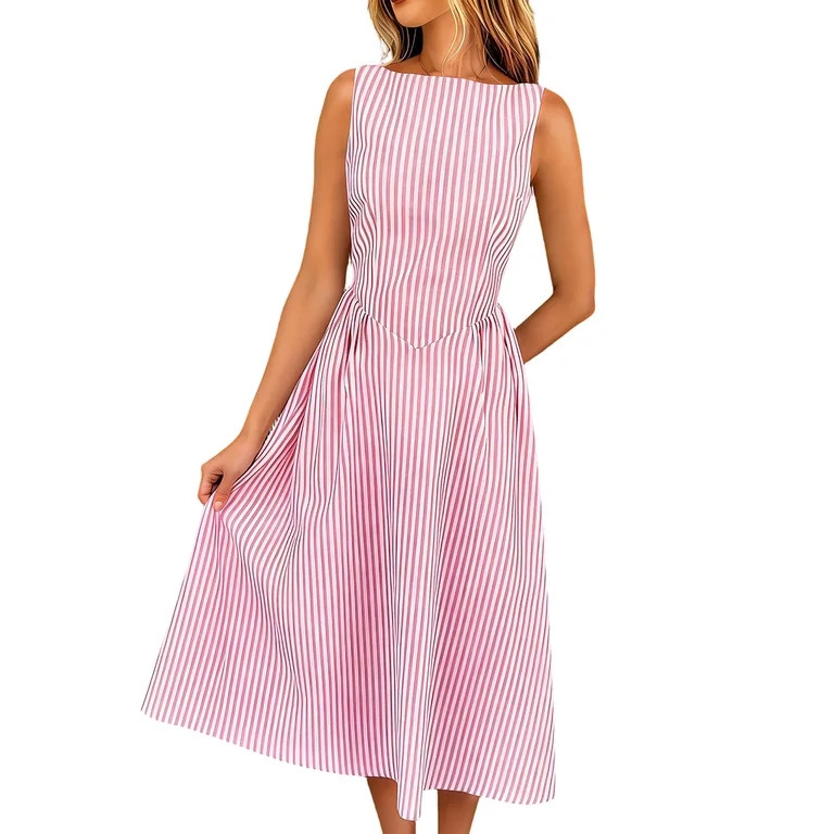 Snorda Women's Striped Dress, Summer Round Neck Sleeveless Striped Solid Color Casual Dress Flowy... | Walmart (US)