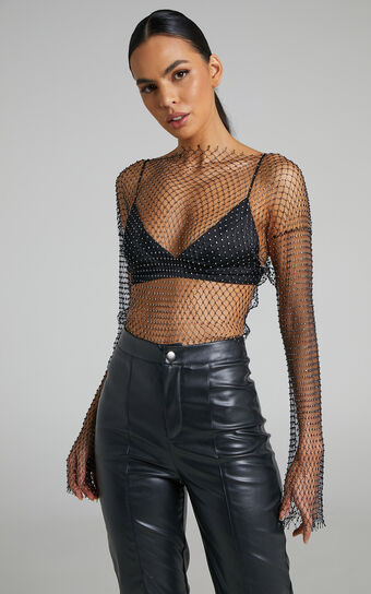 Charess Top - Diamante Mesh Long Sleeve Top in Black | Showpo (US, UK & Europe)