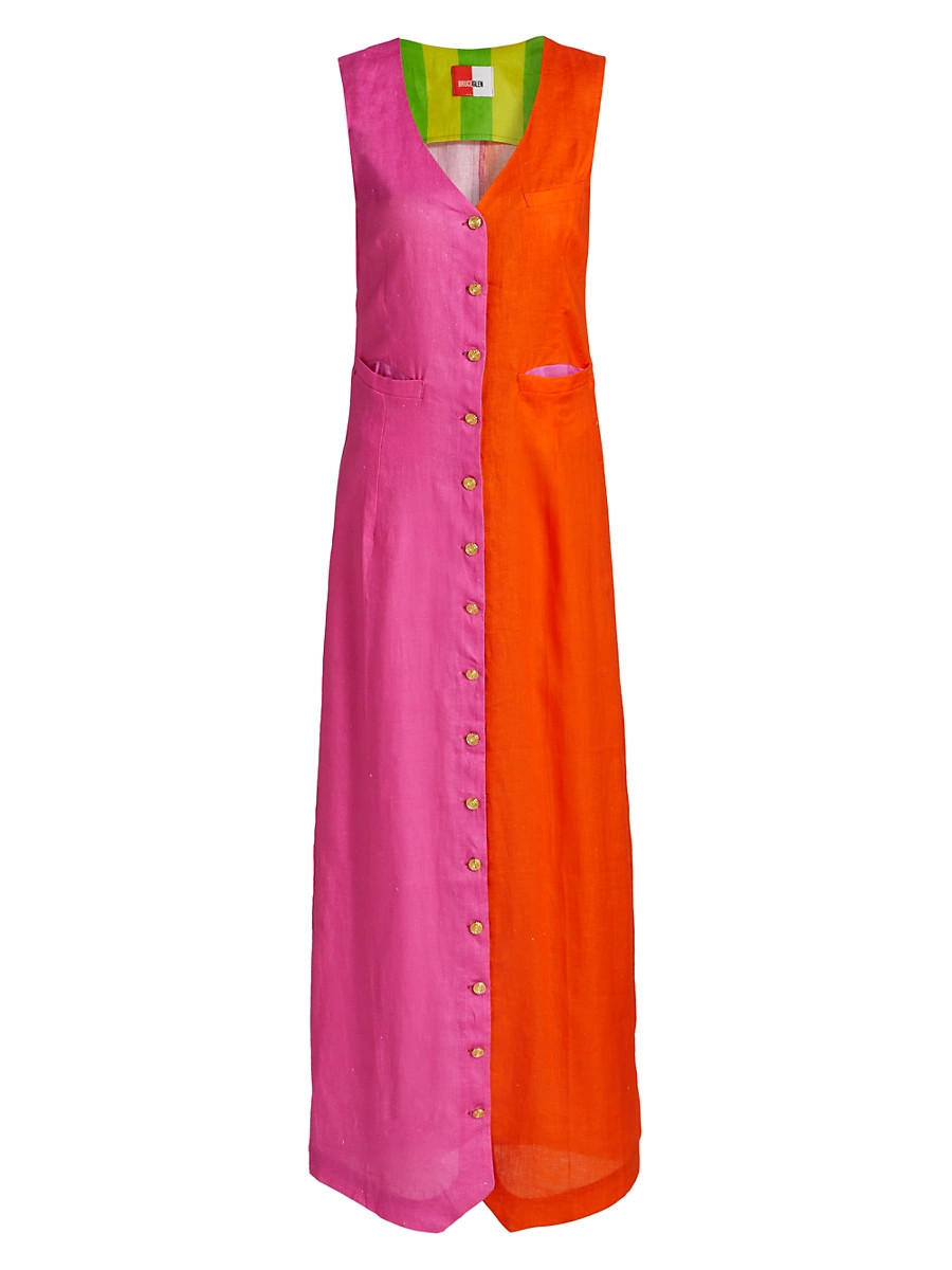 Women's Colorblocked Linen Maxi Dress - Fuchsia - Size Small | Saks Fifth Avenue