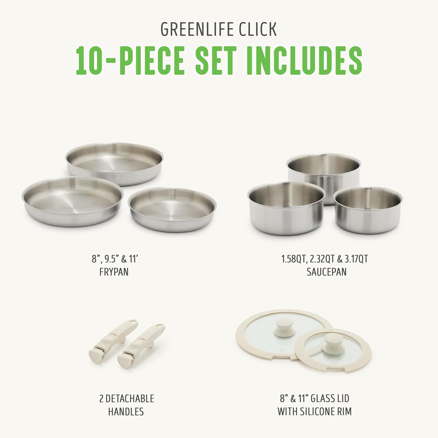 GreenLife 10 Piece Stainless Steel Pots and Pans, Detachable & Stackable Kitchen Set, Tri Ply Cla... | Amazon (US)