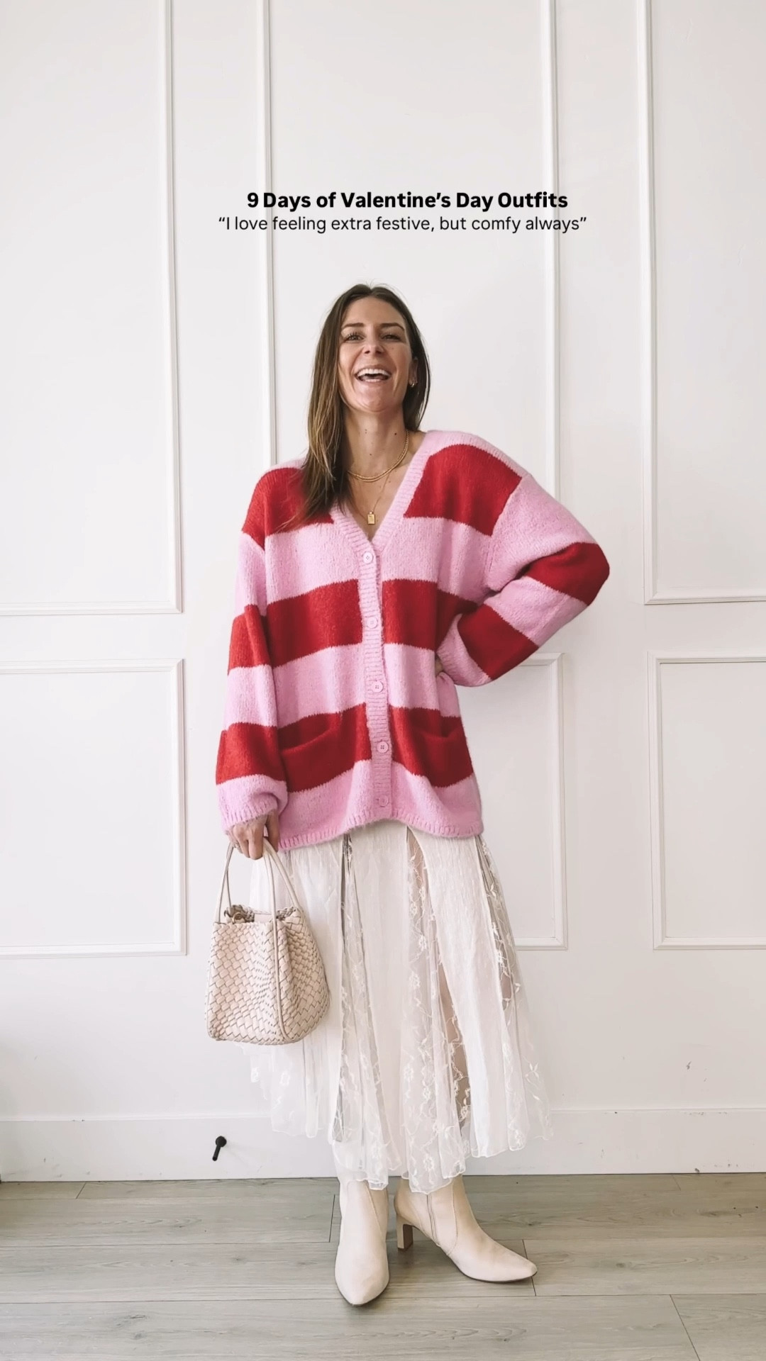 Pink and red Valentine’s outfit with a cozy oversized cardigan, feminine lace skirt, and neutral boots. Festive but comfortable everyday look that’s easy to wear again.

#LTKValentine #LTKootd #LTKgrwm