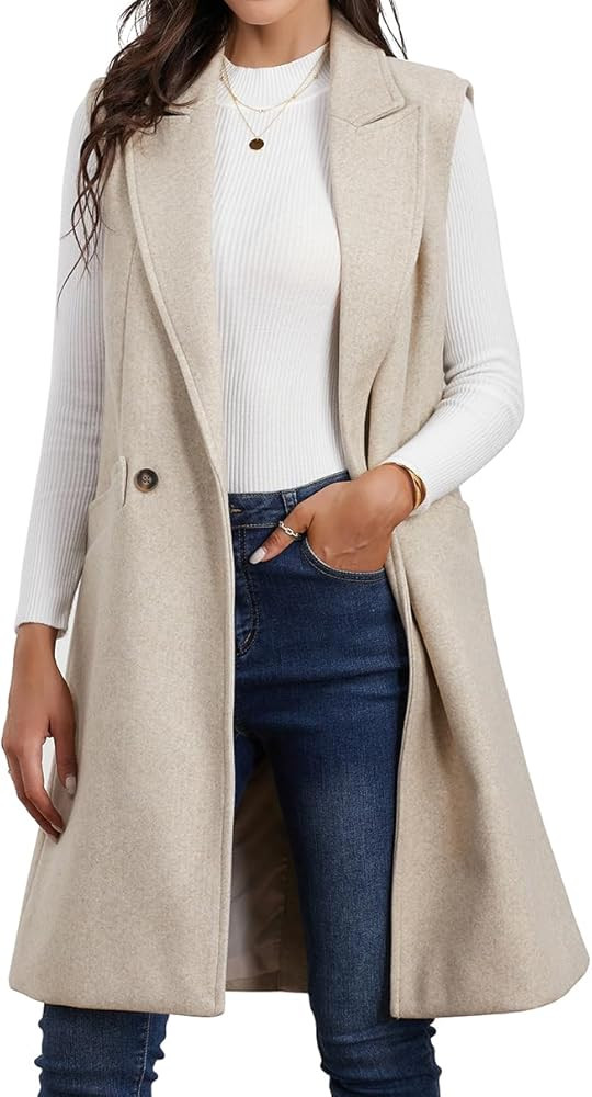 IDEALSANXUN Long Vest for Women Sleeveless Fall Winter Wool Trench Coat Blazer Jackets Cardigan | Amazon (US)