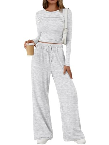 Trendy Queen Womens 2 Piece Lounge Sets Long Sleeve Slightly Crop Top Wide Leg Pants Casual Sweatsuit Matching Outfits Gray L | Amazon (US)