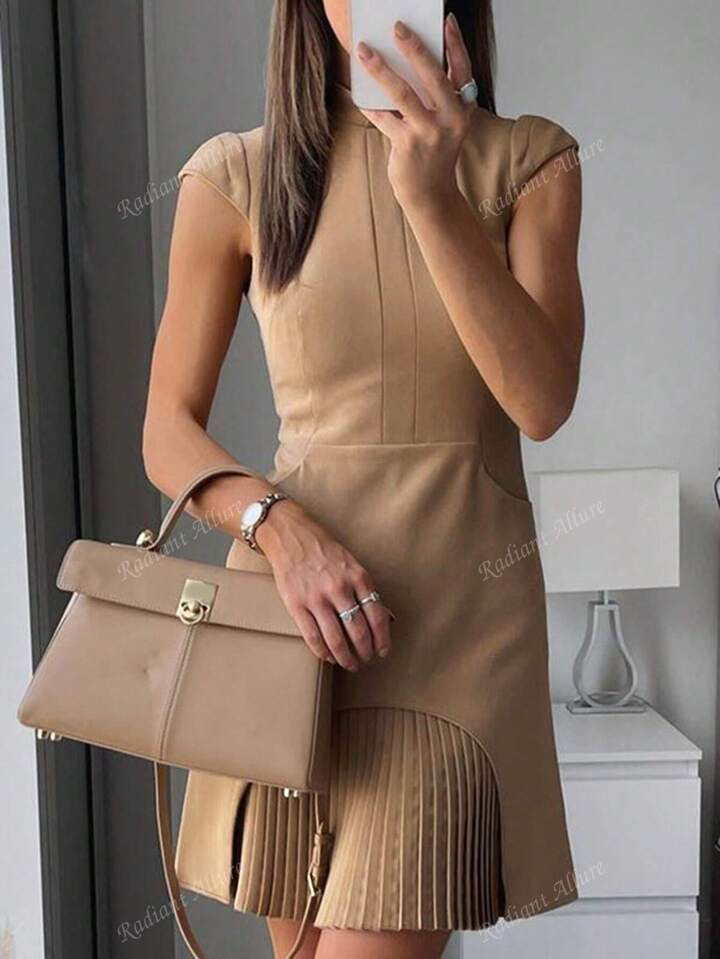 2025 Summer Fashion Solid Color Round Neck Sleeveless Slim Pleated Mini Skirt | SHEIN