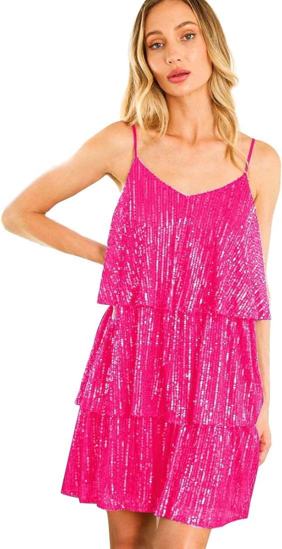 FANSI NOVA Women's Glitter Sequin Dress Adjustable Spaghetti Strap V Neck Fashion Sparkle Layered... | Amazon (US)