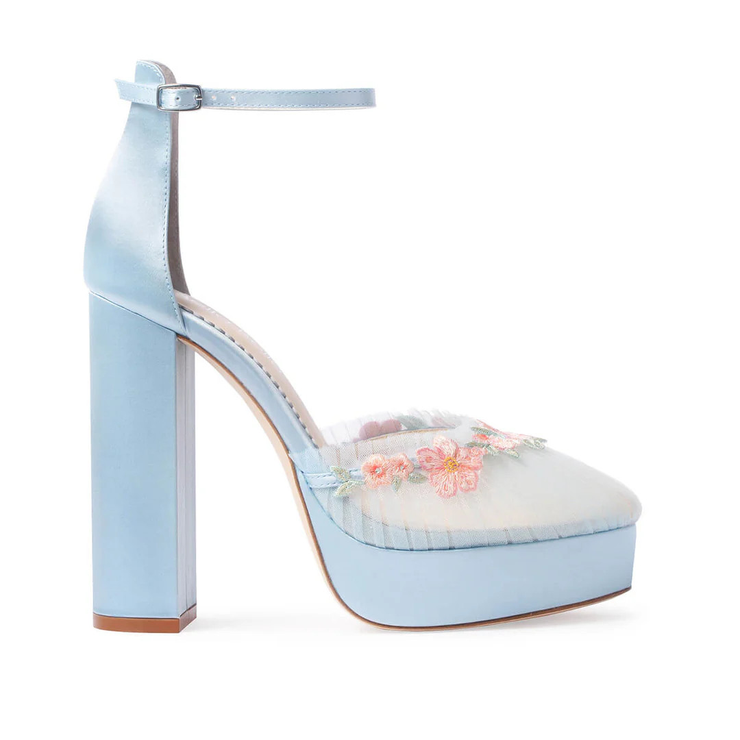 Light Blue Tulle Platform Heels with Sheer Vamp & Floral Trim | Bella Belle Shoes