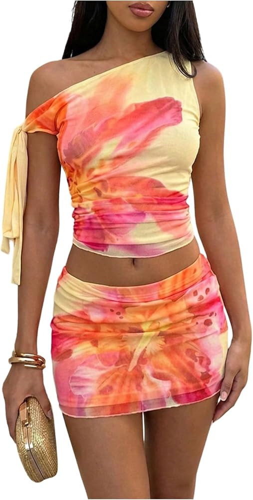 WDIRARA Women's Floral 2 Piece Skirt Set Off the Shoulder Top Bodycon Mini Skirt Set Vacation Out... | Amazon (US)