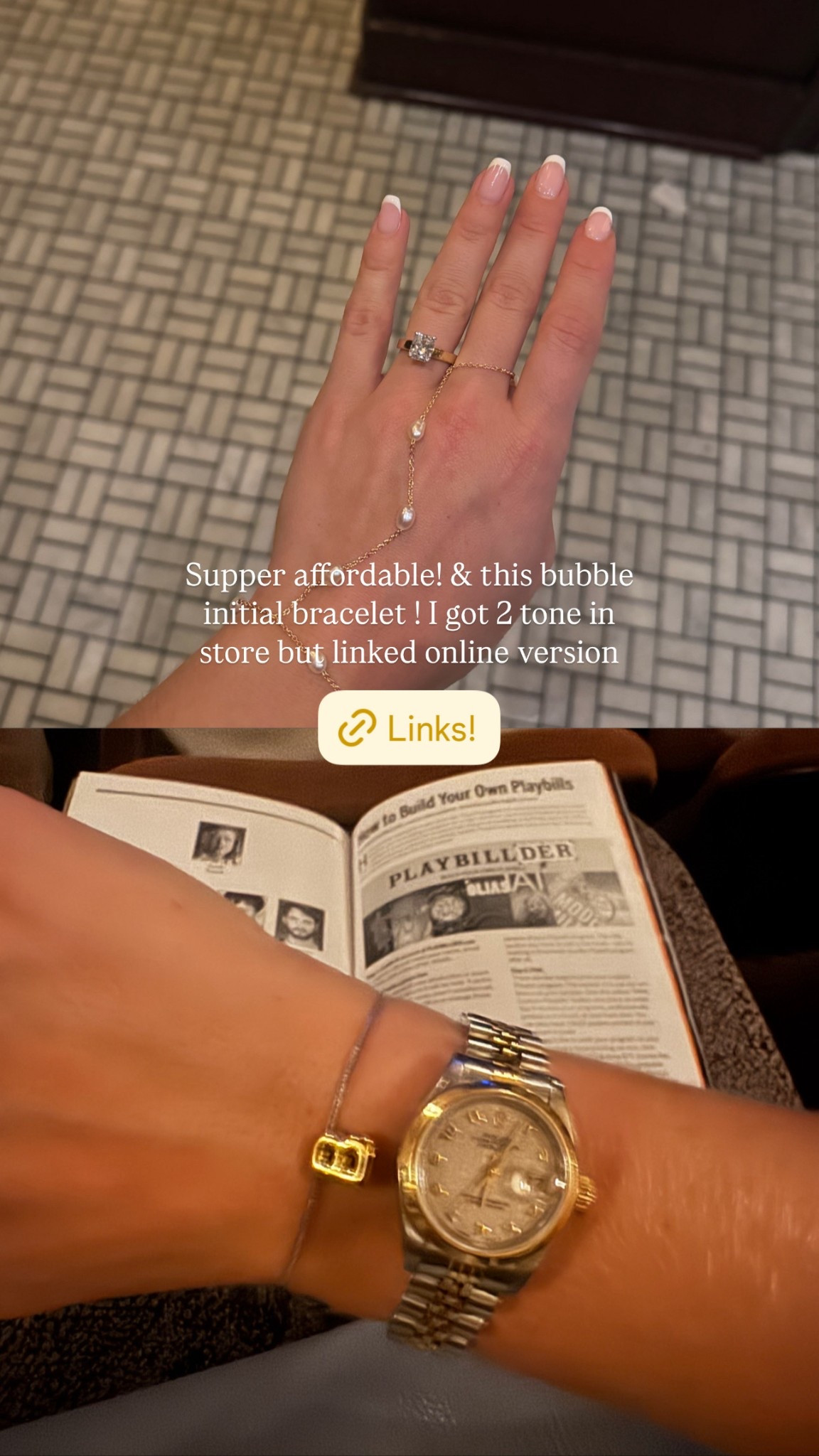 Pearl hand chain and bubble initial two tone mixed metal bracelet