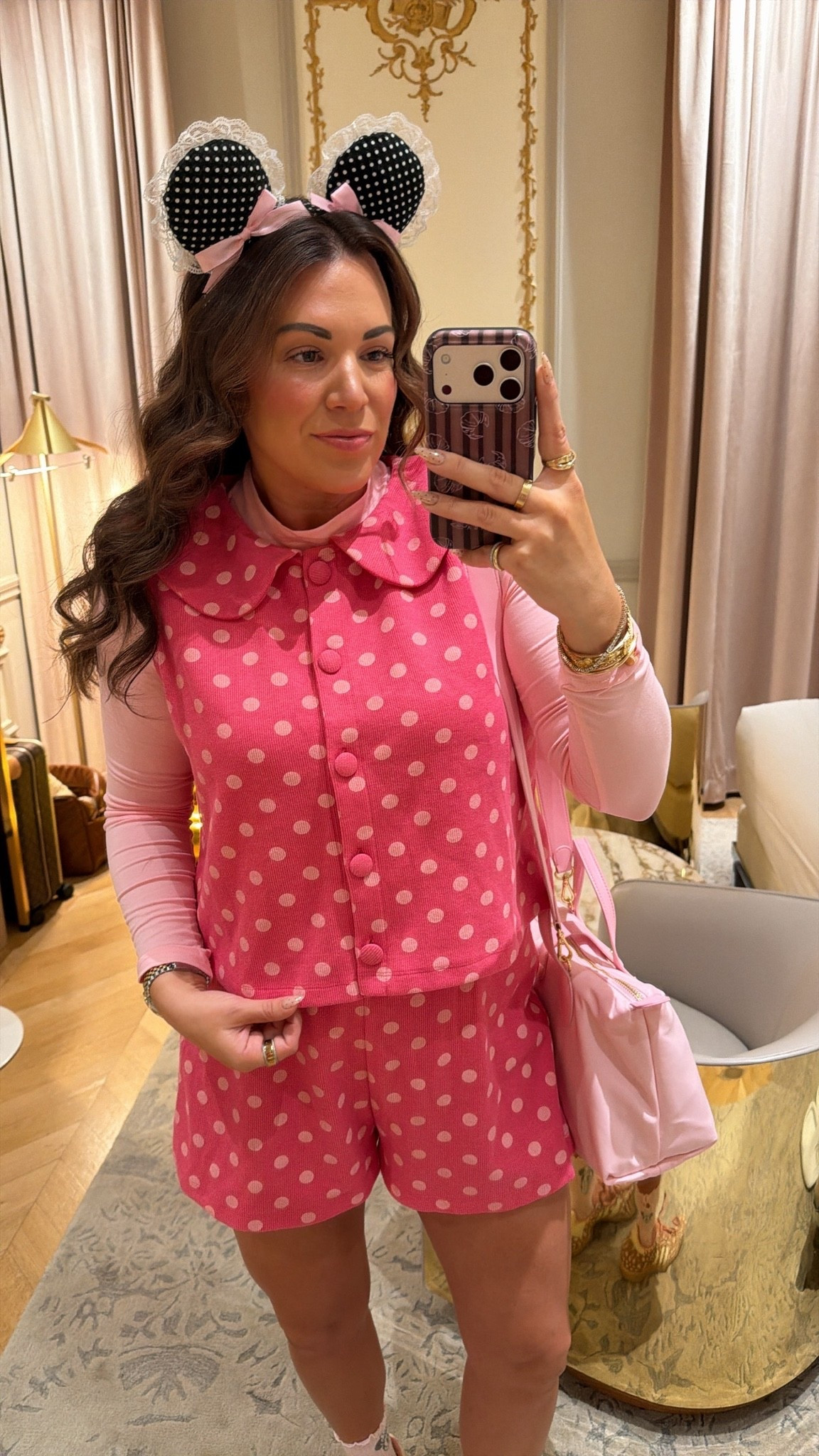 what i wore to Disneyland Paris! 💕🎀🐭🏰 wearing size large in pink polka dot top and shorts! in the large in long sleeve baby pink mock neck underneath. so comfy for a long Disney day!

#LTKSeasonal #LTKOver40 #LTKTravel