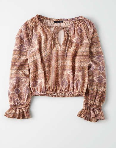 AE Printed Chiffon Cinched Waist Peasant Top | American Eagle Outfitters (US & CA)