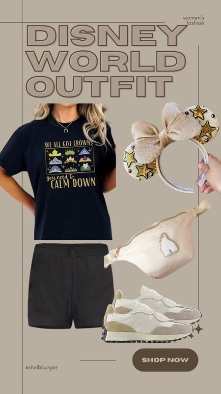 Disney World Princess outfit for women

We all got crowns you need to calm down Disney Princess taylor swift tshirt
High rise shorts
Gold star mouse ears
Neutral Disney castle Fanny pack 
327 neutral New Balance sneakers

#LTKFamily #LTKTravel #LTKShoeCrush