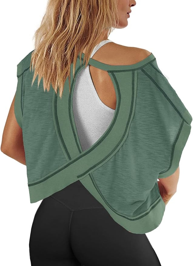 Panadila Womens Open Back Workout Top Oversized Workout T Shirts Backless Athletic Shirt Short Sl... | Amazon (US)