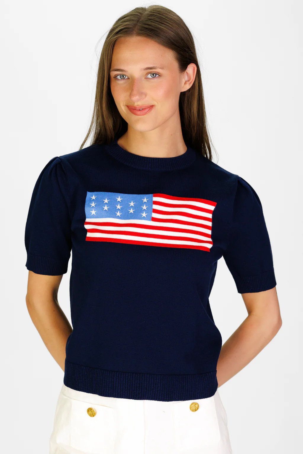 Puff Sleeve Flag Sweater in Navy | Duffield Lane