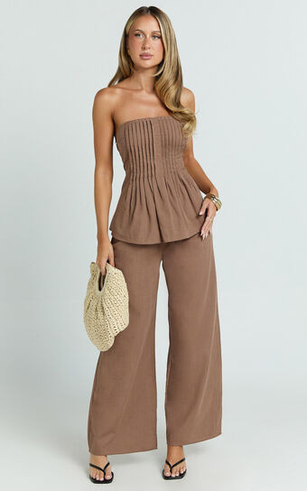 Carli Two Piece Top and Pants Set - Cotton Tube Pant Set in Chocolate | Showpo (US, UK & Europe)