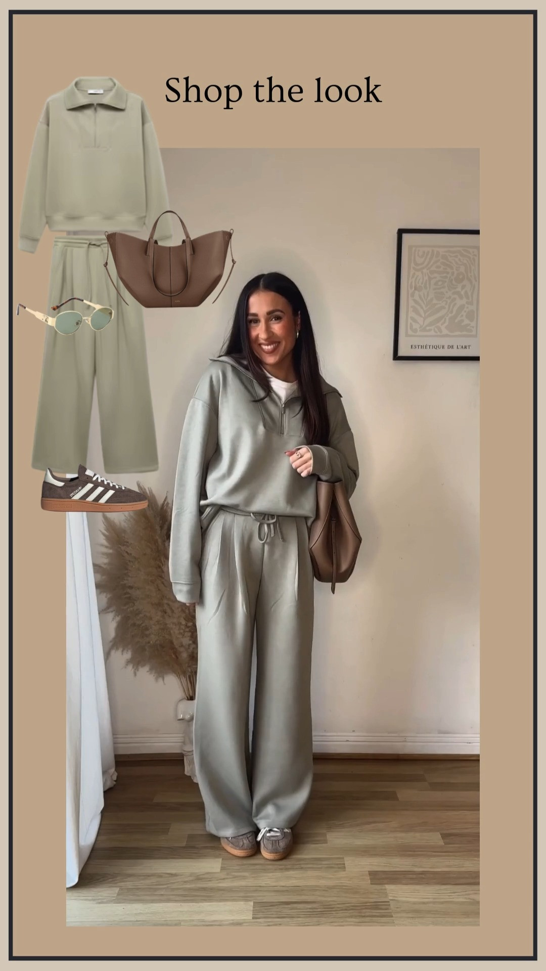 Shop the look! Easy transitional outfit ideas, high street style, Mango matching set, tracksuit & jumper set, pistachio green, Polene bag, Adidas trainers, casual look, athleisure, day time outfit, spring style 

 #LTKuk #LTKspring #LTKstyletip