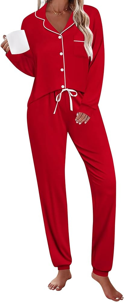 SWOMOG Womens Pajamas Set Long Sleeve Sleepwear Button Down Nightwear Soft Joggers PJs Sets with ... | Amazon (US)