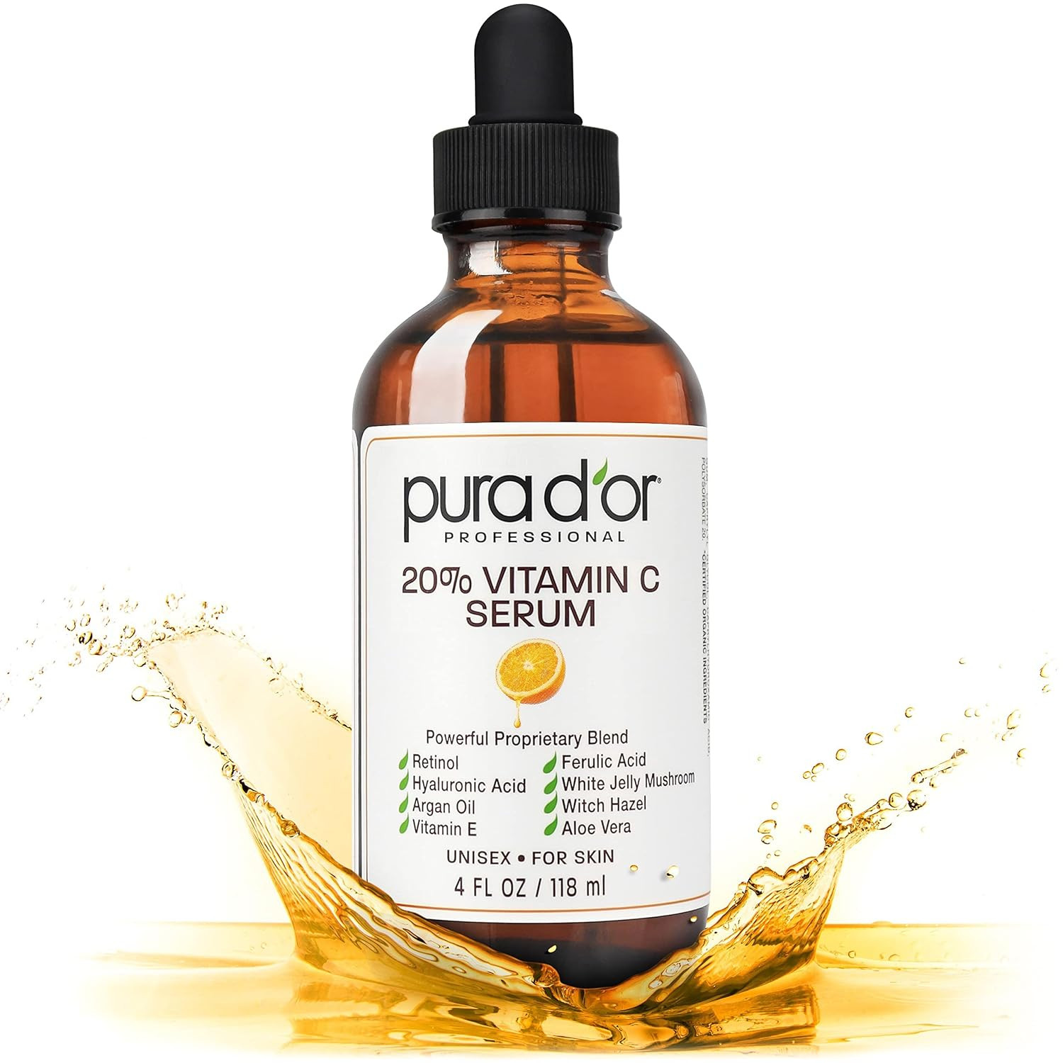 PURA D'OR 20% Vitamin C Serum (4oz BEST VALUE) Lightweight Maximum Strength Formula,Hyaluronic Acid,Retinol,Professional Grade Treatment For Face & Eyes,Dark Spots,Acne,Wrinkles,For Men & Women | Amazon (US)