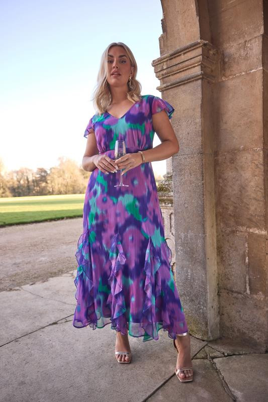 YOURS LONDON Plus Size Purple Abstract Ruffle Maxi Dress | Yours Clothing UK