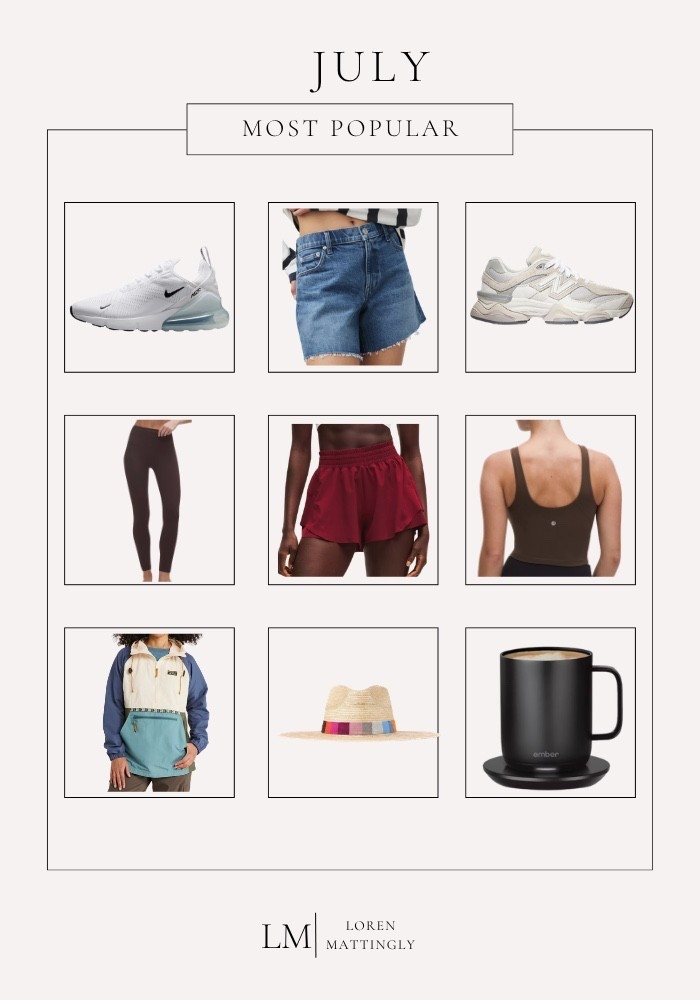 July's most popular are live & y'all picked a great mix, two pairs of sneakers, denim shorts, workout sets, the anorak from our trip out west, the prettiest straw hat, and the Ember mug I genuinely cannot start my morning without.

Good taste all around, gang. Everything is linked for you! 🤍 

xo, Loren