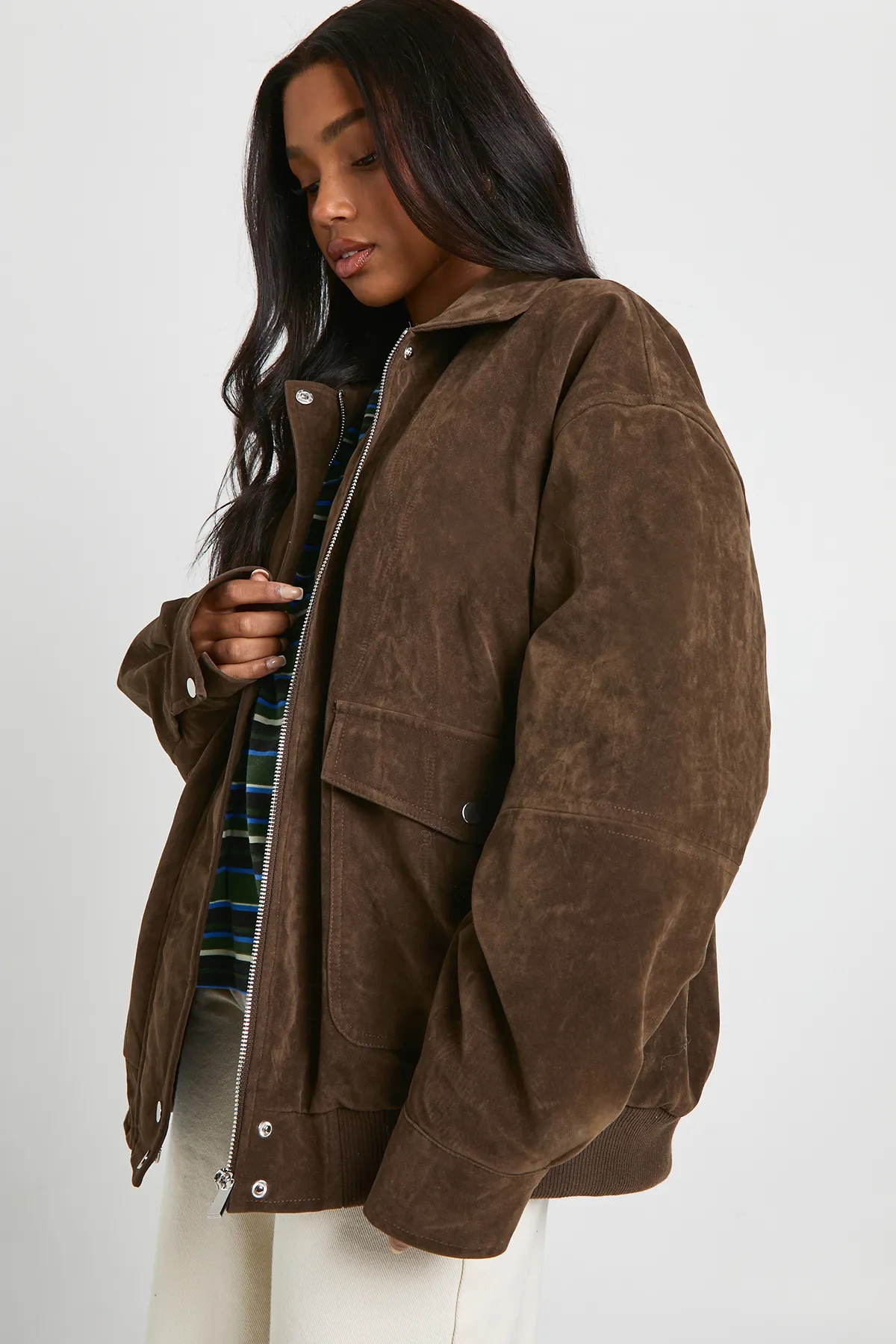 Oversized Faux Suede Bomber Jacket | boohoo (US & Canada)
