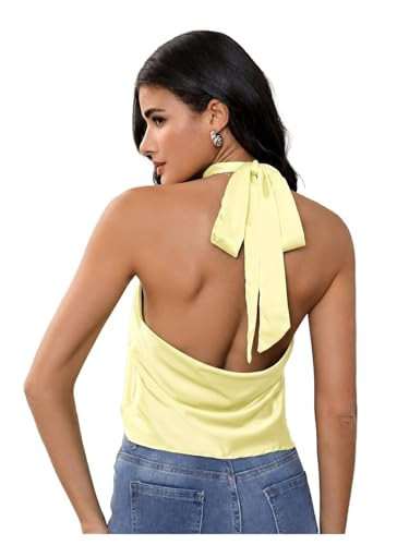 MakeMeChic Women's Summer Satin Silk Backless Halter Tank Tops High Neck Sleeveless Classy Cute Going Out Top Light Yellow Large | Amazon (US)