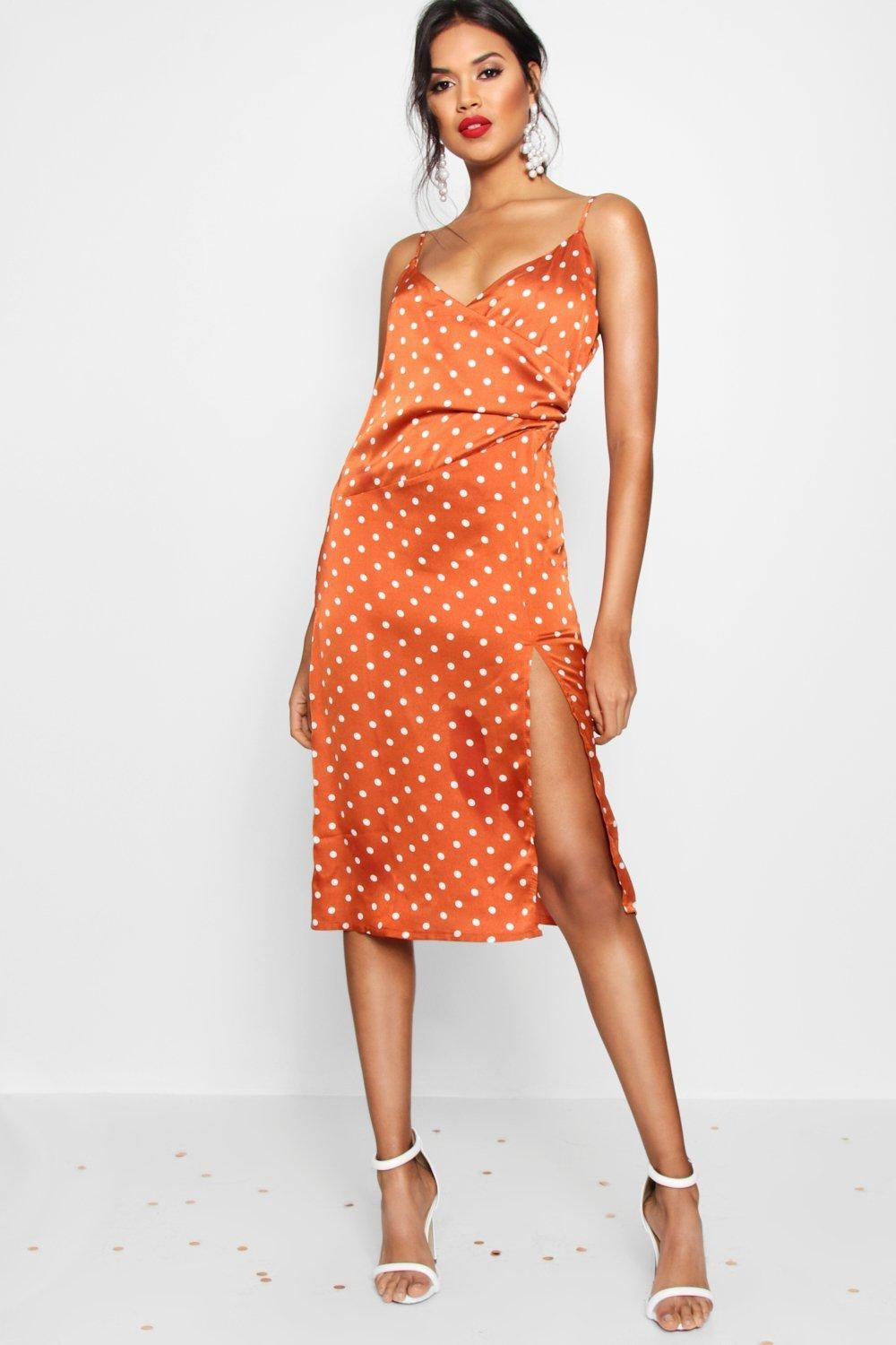 Womens Boutique Satin Polka Dot Wrap Slip Dress - Orange - 4 | Boohoo.com (US & CA)