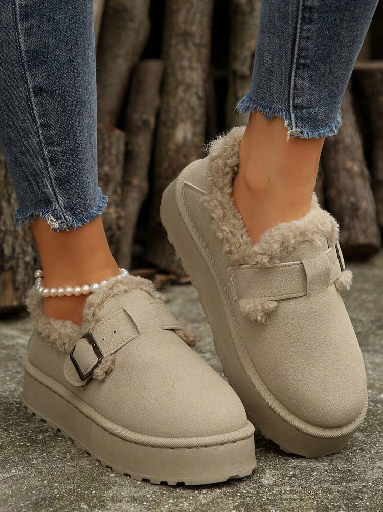 2024 Autumn/Winter European & American Style Thick Sole Mid-Heel Warm Furry Boots, Fashionable Plus Size Pull-On Snow Boots With Buckle | SHEIN