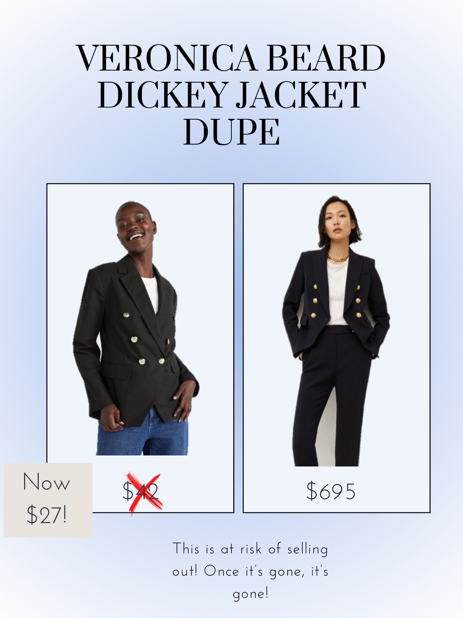 The Veronica Beard Dickey Jacket Dupe is on sale! This item will sell out!!!


Claudia Oshry
Sofia Richie
Jennifer Anniston
The Toast

#LTKfindsunder50 #LTKsalealert #LTKfindsunder100