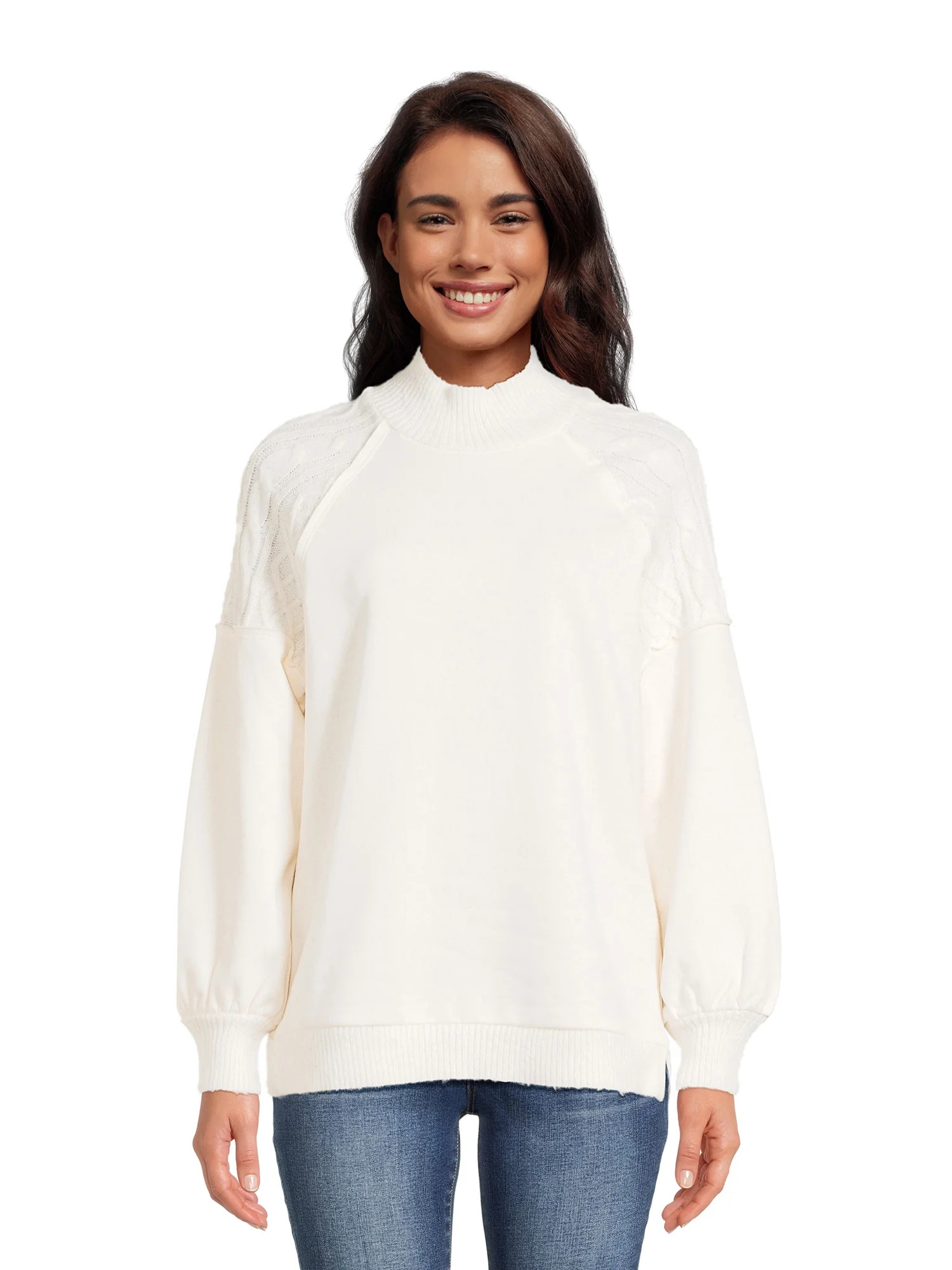 Time and Tru Women's Mixed Media Mock Neck Top - Walmart.com | Walmart (US)