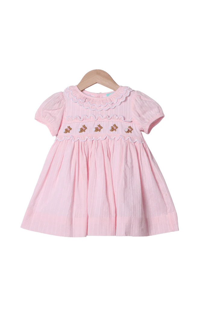 Hand Embroidered Bunny Pink Linen Dress | The Smocked Flamingo