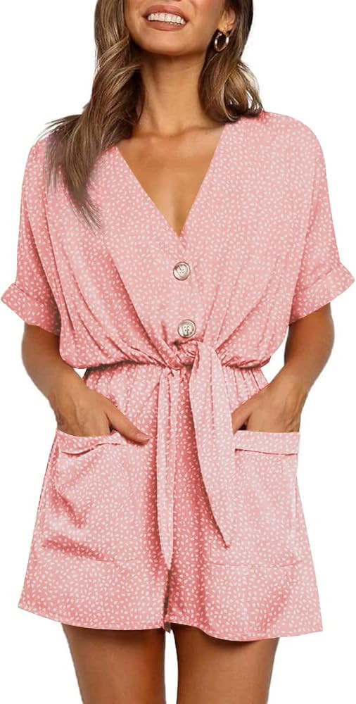 Ivay Womens V Neck Button Rompers Knot Tie Short Sleeve Sexy Loose Playsuit Jumpsuit with Pockets | Amazon (US)