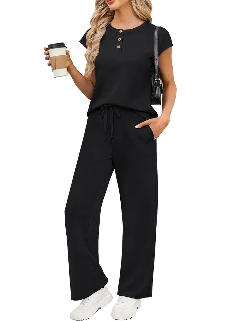 SUNBS Lounge Sets for Women 2 Piece Outfits Sweat Suit Casual Cap Henley Sleeve Summer Airport Tr... | Walmart (US)