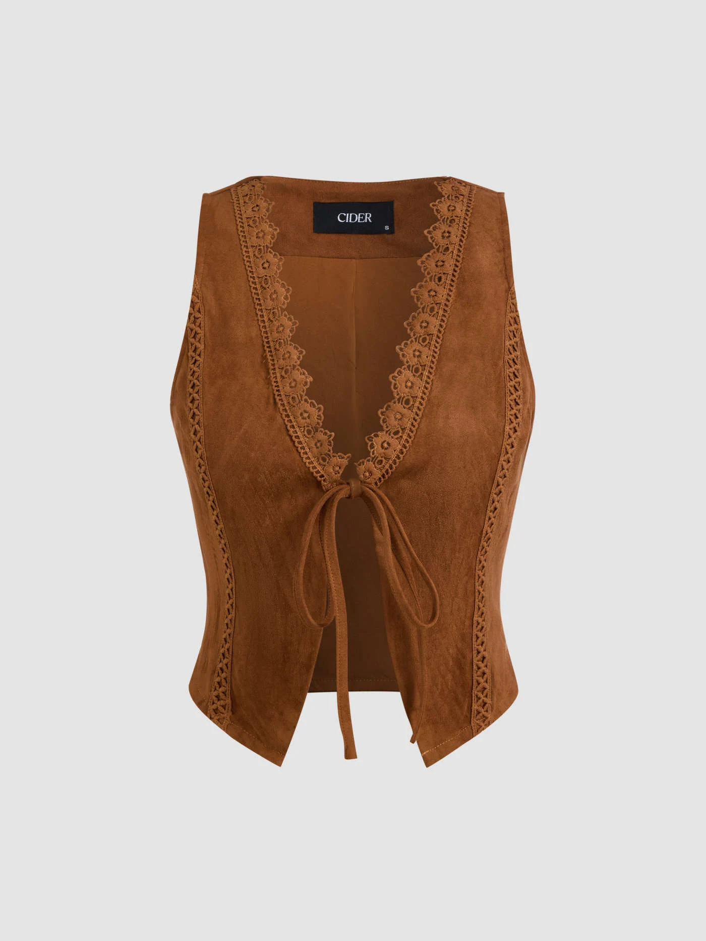 Suede V-Neck Lace Trim Waistcoat | Cider