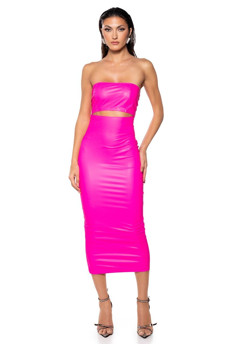 PRETTY LADY PLEATHER CUT OUT MIDI DRESS WITH 4 WAY STRETCH IN PINK | AKIRA